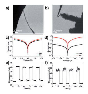 圖4：（a）（b）分別對(duì)應(yīng)CdS納米帶和CdS/ZnO異質(zhì)結(jié)安置在原位光學(xué)-光纖樣品桿中的TEM圖像。（c）（d）分別對(duì)應(yīng)CdS納米帶和CdS/ZnO異質(zhì)結(jié)I-V曲線的開關(guān)特性。（e）（f）分別對(duì)應(yīng)CdS納米帶和CdS/ZnO異質(zhì)結(jié)對(duì)周期性光信號(hào)的響應(yīng)特性。