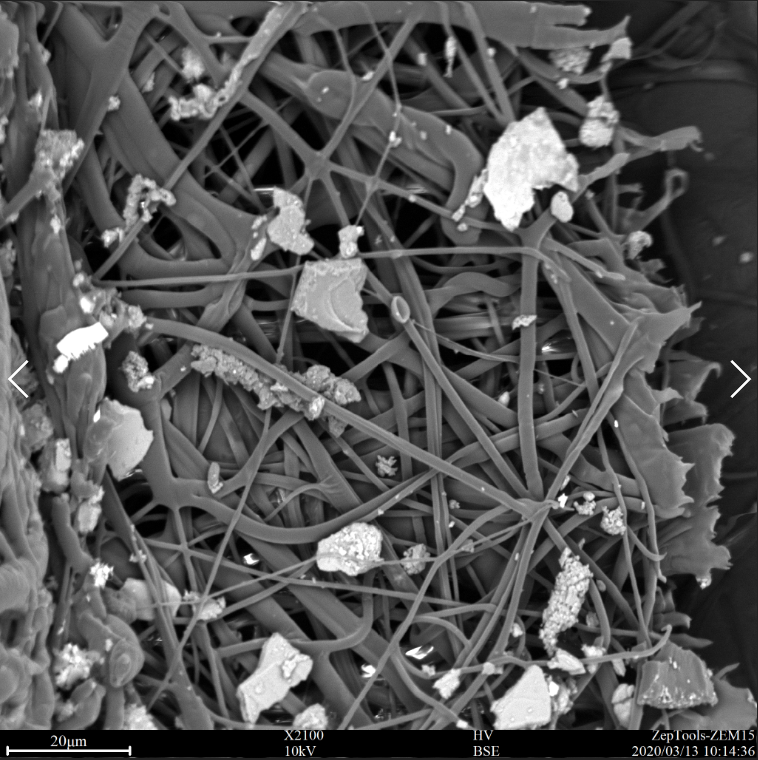 二手煙環(huán)境下佩戴過(guò)的口罩中間過(guò)濾層的掃描電鏡圖片 二手煙環(huán)境下佩戴過(guò)的口罩中間過(guò)濾層的掃描電鏡圖片