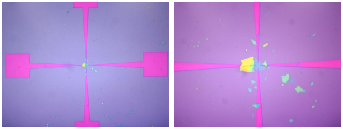 機(jī)械剝離的二維材料樣品利用無掩模光刻機(jī)光刻電極并鍍膜剝離的結(jié)果 機(jī)械剝離的二維材料樣品利用無掩模光刻機(jī)光刻電極并鍍膜剝離的結(jié)果